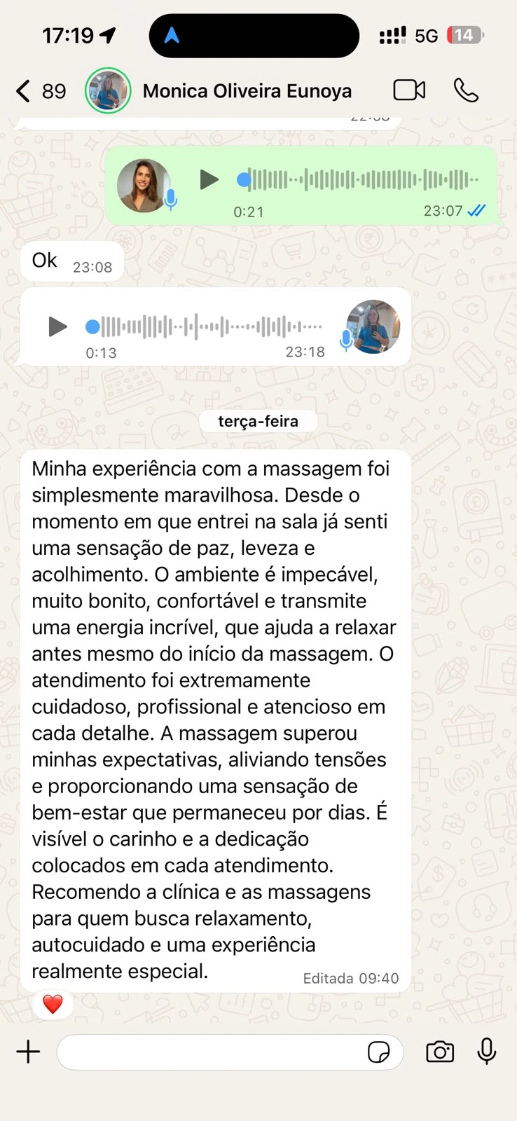 Depoimento por WhatsApp sobre ambiente impecável, atendimento cuidadoso e bem-estar após massagem em Moema.